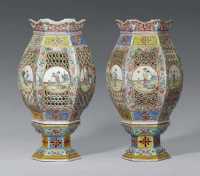 19TH CENTURY A PAIR OF FAMILLE ROSE HEXAGONAL LANTERNS AND STANDS